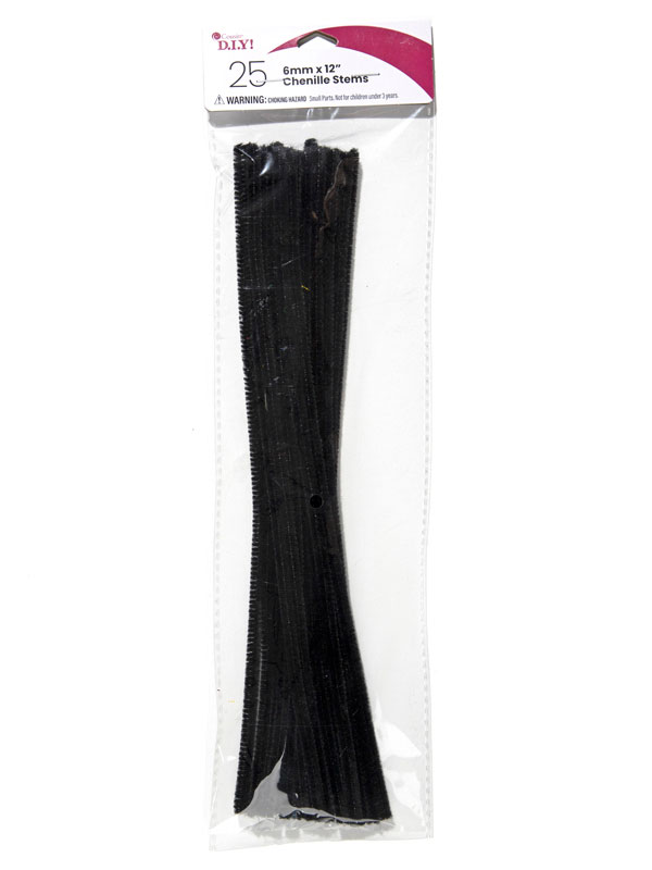 Black, Chenille Pipe Cleaners, 6mm x 12 inch, 25 Pack